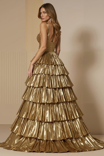 Robe longue de fête de Noël à volants métalliques dorés scintillants